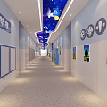 Elevator Corridor with Starry Sky Ceiling Science Themed Wall Decor and Child Friendly Robot Accents 3d model