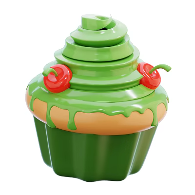 Delicious Green Cupcake With Swirled Dripping Green Frosting And Red Cherries On Top 3d model