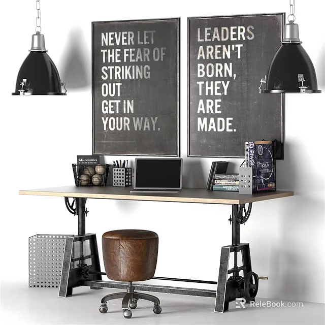 Industrial Style Desk With Black Pendant Lights Chalkboard Signs Laptop Books And Wooden Stool 3d model 