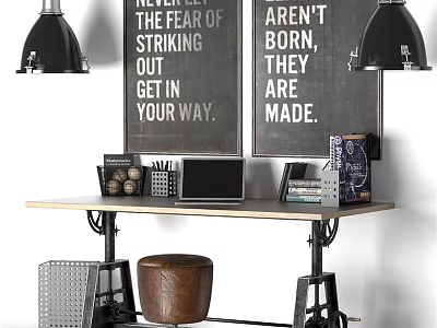 Industrial Style Desk With Black Pendant Lights Chalkboard Signs Laptop Books And Wooden Stool 3d model