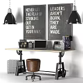 Industrial Style Desk With Black Pendant Lights Chalkboard Signs Laptop Books And Wooden Stool