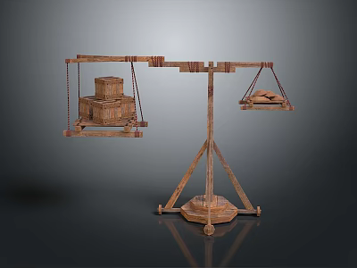 Wooden Balance Scale With Hanging Wooden Boxes And Loaf Of Bread For Household Items 3d model