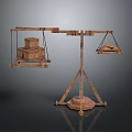 Wooden Balance Scale With Hanging Wooden Boxes And Loaf Of Bread For Household Items