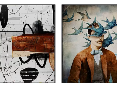 Modern abstract painting black and white gray blue curry abstract figure hanging painting combination 3d model