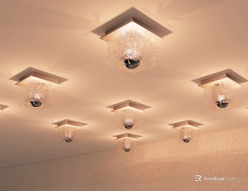Multiple Square Frame Ceiling Lights With Transparent Shades Installed On Ceiling 3d model
