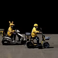 Men Wearing Yellow Uniforms Riding Electric Scooters in City Street with High Rise Buildings