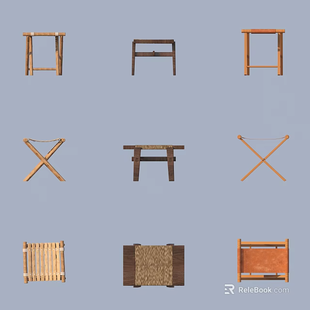 Various Wooden Stools With Different Designs Including X Shaped Legs And Woven Seats 3d model 