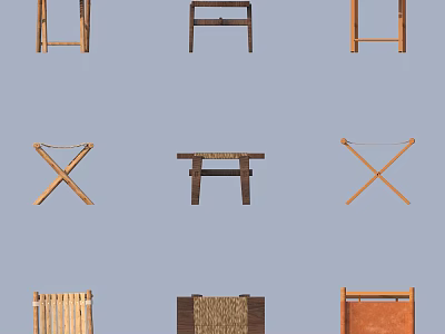 Various Wooden Stools With Different Designs Including X Shaped Legs And Woven Seats 3d model