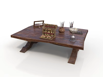 Traditional Wooden Table with Abacus Brush Holder Ink Stone and Heavy Carved Legs 3d model