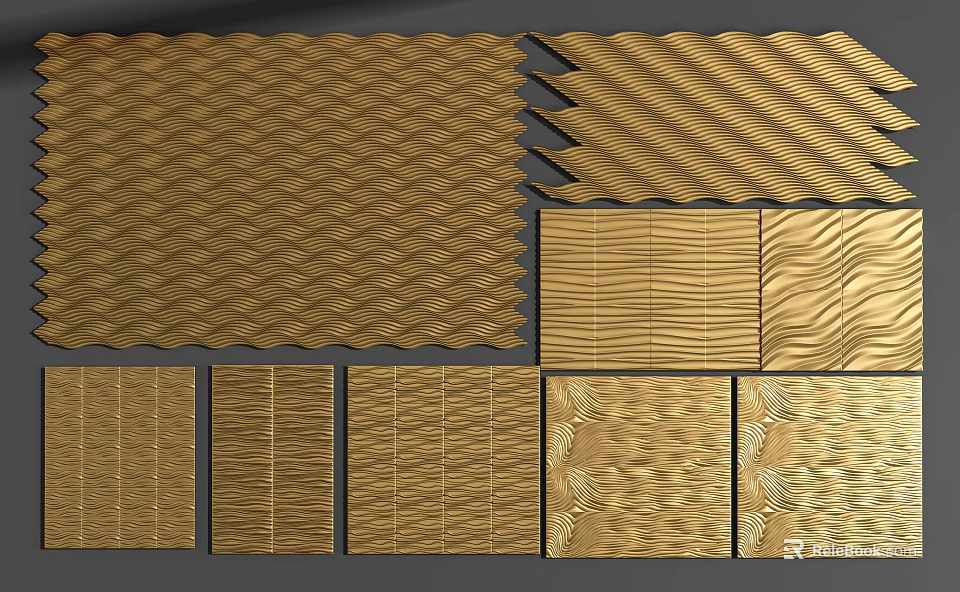 Golden Wall Decorative Panels Featuring Diamond Wave Stripe Textures And Patterns 3d model