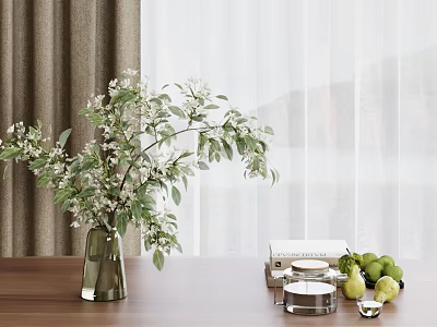 Fresh White Flowers in Glass Vase on Wooden Table with Books Candle Pears and Limes 3d model