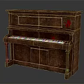 Musical Instrument And Art Supplies Showcasing Brown Wooden Upright Piano With Red Paint Marks