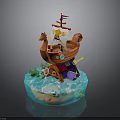 Cartoon Pirate Ship Model With Red Hull Skull Flag And Figure On Blue Wave Base