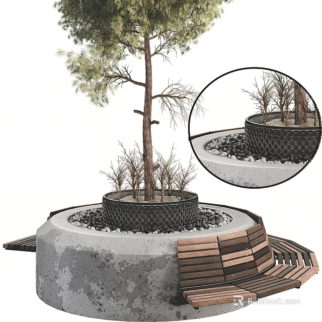 Circular Concrete Tree Planter With Wooden Planks Pebbles And Small Plants Around Tree 3d model 