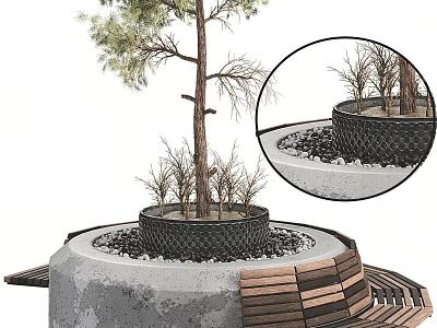 Circular Concrete Tree Planter With Wooden Planks Pebbles And Small Plants Around Tree 3d model