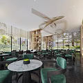 Elegant Modern Restaurant Interior Featuring Green Chairs Marble Tables Wooden Decor And Chandelier