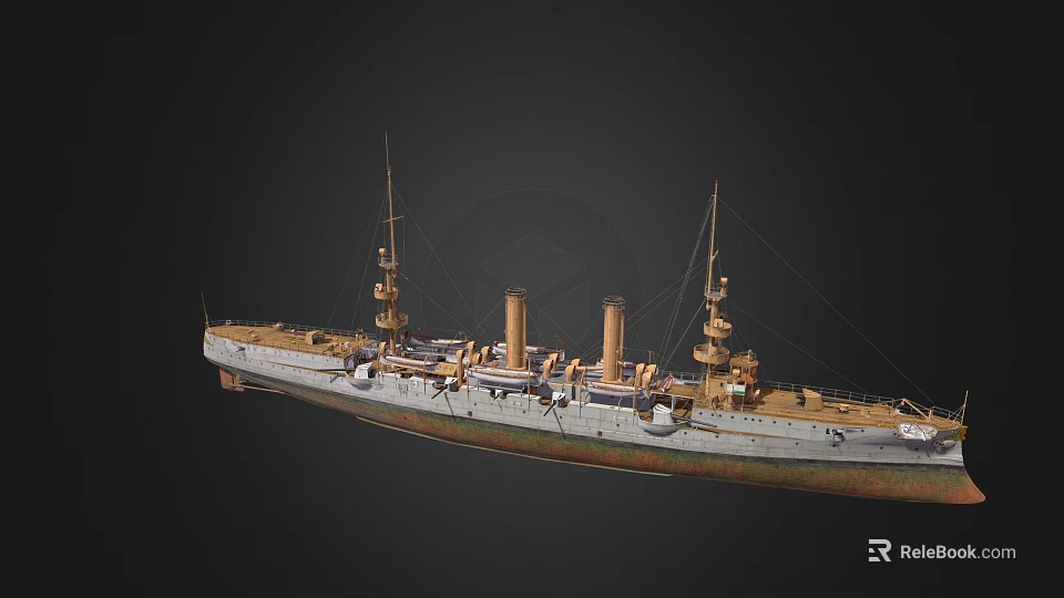 Vintage Warship Model With Two Smokestacks And Deck Military Equipment On Dark Background 3d model 
