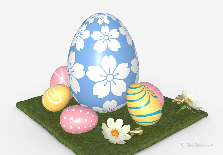 Decorative Ornament Set With Blue Pink Yellow Easter Eggs White Flowers And Green Grass Pad 3d model 