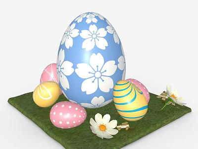 Decorative Ornament Set With Blue Pink Yellow Easter Eggs White Flowers And Green Grass Pad 3d model