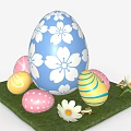 Decorative Ornament Set With Blue Pink Yellow Easter Eggs White Flowers And Green Grass Pad