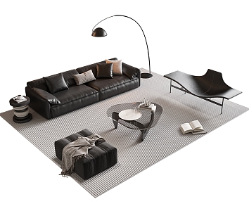 Modern Sofa Coffee Table Combination Straight Row Sofa Leather Sofa Glass Coffee Table Sofa Stool Single Sofa Floor Lamp Side Table Jewelry Ornaments 3d model