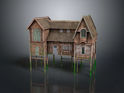 Elevated Wooden House Design With Multiple Windows Green Pillars And Sloped Roof 3d model