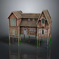 Elevated Wooden House Design With Multiple Windows Green Pillars And Sloped Roof