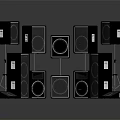 Various Black Audio Speakers In Different Sizes And Shapes On Stands And Floor