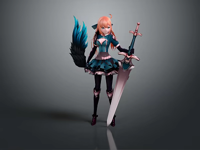 Fantasy Game Character With Orange Hair Blue Black Outfit Black Tail And Long Sword 3d model
