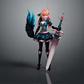 Fantasy Game Character With Orange Hair Blue Black Outfit Black Tail And Long Sword