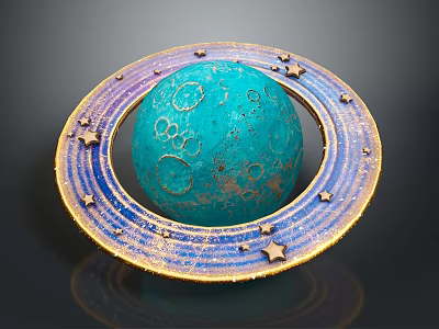 Blue Celestial Decorative Sphere With Craters Texture Golden Ring And Stars 3d model