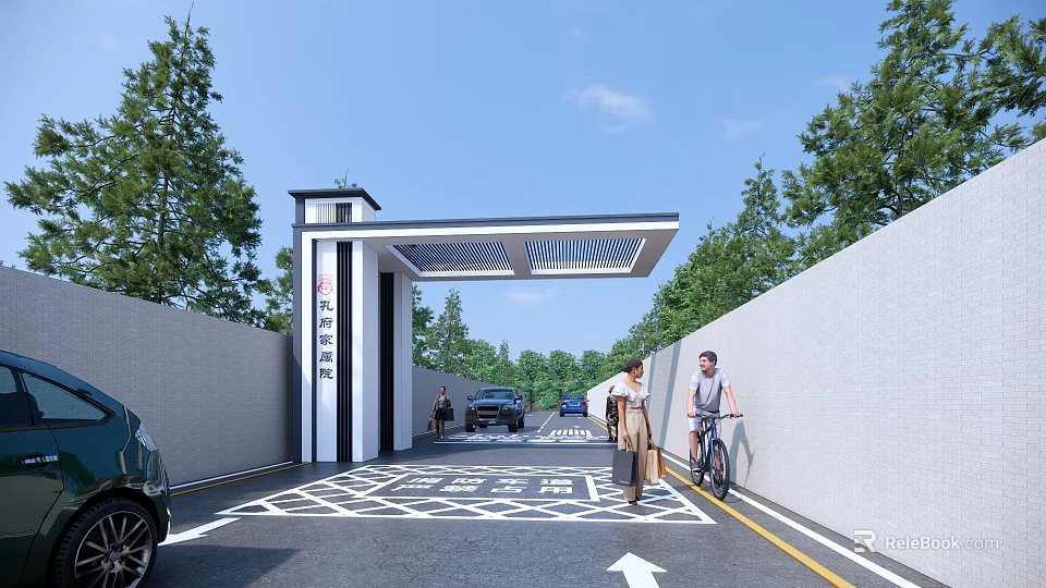 Modern Entrance Gate With Canopy Trees Pedestrians Vehicles And Directional Markings 3d model 
