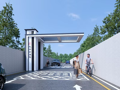 Modern Entrance Gate With Canopy Trees Pedestrians Vehicles And Directional Markings 3d model