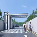 Modern Entrance Gate With Canopy Trees Pedestrians Vehicles And Directional Markings