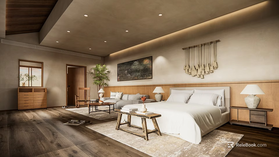 Cozy Boutique Guesthouse Bedroom With Wooden Flooring Sofa Decorative Wall Art And Potted Plant 3d model 