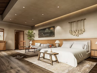 Cozy Boutique Guesthouse Bedroom With Wooden Flooring Sofa Decorative Wall Art And Potted Plant 3d model