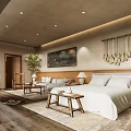 Cozy Boutique Guesthouse Bedroom With Wooden Flooring Sofa Decorative Wall Art And Potted Plant