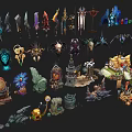 Cartoon Scene With Fantasy Weapons Skulls Buildings Vehicles And Decorative Props