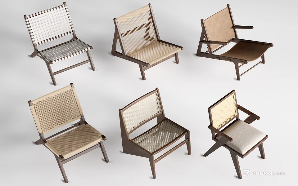 Leisure Chairs With Modern Design Woven Seats Wooden Frames And Different Styles 3d model 