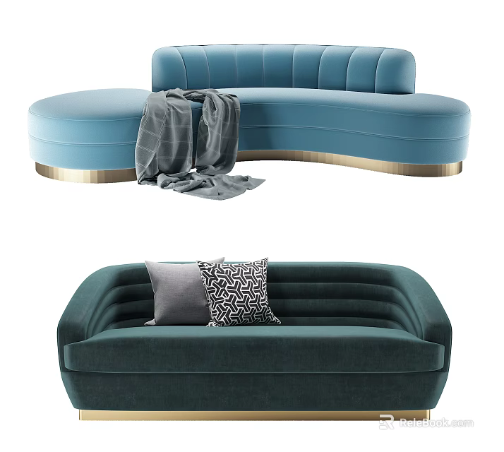 Blue Curved Sofa With Gold Base Gray Throw Blanket Teal Sofa With Patterned Pillows 3d model