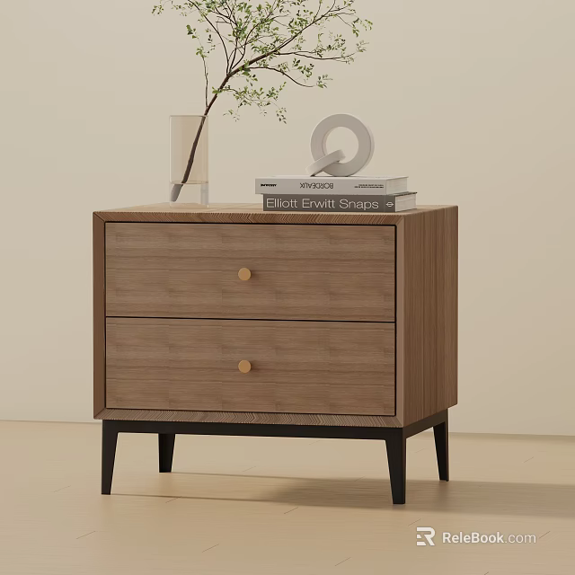 Wooden Side Table With Two Drawers Round Wooden Knobs Black Slim Legs And Clear Vase 3d model 