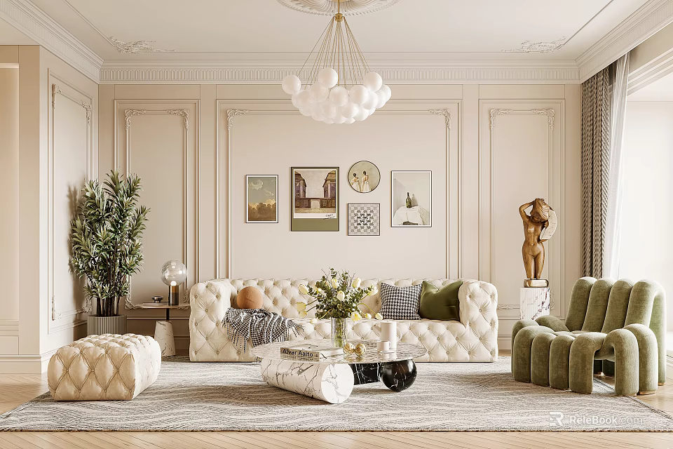 Luxurious Living Room Interior With Tufted Sofa Green Accent Chair Spherical Chandelier And Wall Art 3d model 