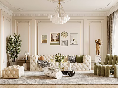 Luxurious Living Room Interior With Tufted Sofa Green Accent Chair Spherical Chandelier And Wall Art 3d model