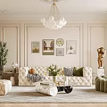Luxurious Living Room Interior With Tufted Sofa Green Accent Chair Spherical Chandelier And Wall Art