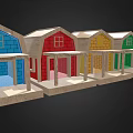 Colorful Wooden Toy Houses Featuring Red Yellow Green Exteriors Brick Walls Windows And Porches