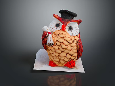 Owl Shaped Cake Wearing Black Graduation Cap Holding Scroll Decorative Item 3d model