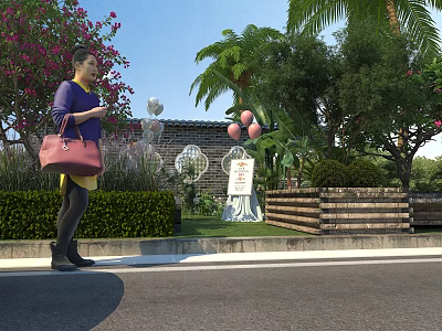 Woman With Pink Handbag Near Roadside Garden Featuring Flowers Palm Tree And Balloons 3d model