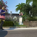 Woman With Pink Handbag Near Roadside Garden Featuring Flowers Palm Tree And Balloons