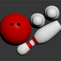 Red Bowling Ball With White Pins In Game Setup On Reflective Surface