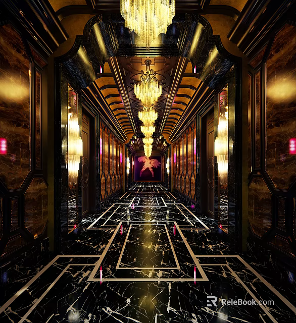 Luxury Hotel Corridor Interior Design Featuring Crystal Chandeliers And Marble Flooring With Elegant Decorative Walls 3d model 